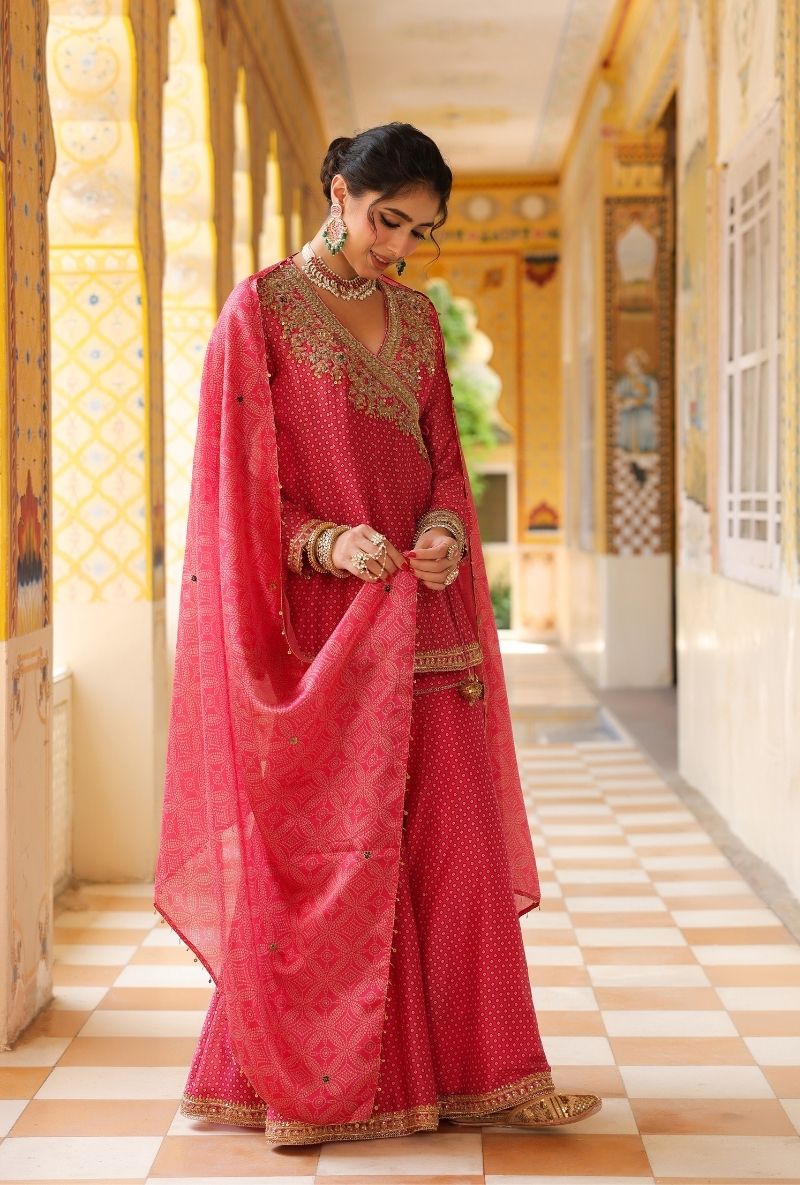 Pink Printed Angrakha Mehfil Sharara Set