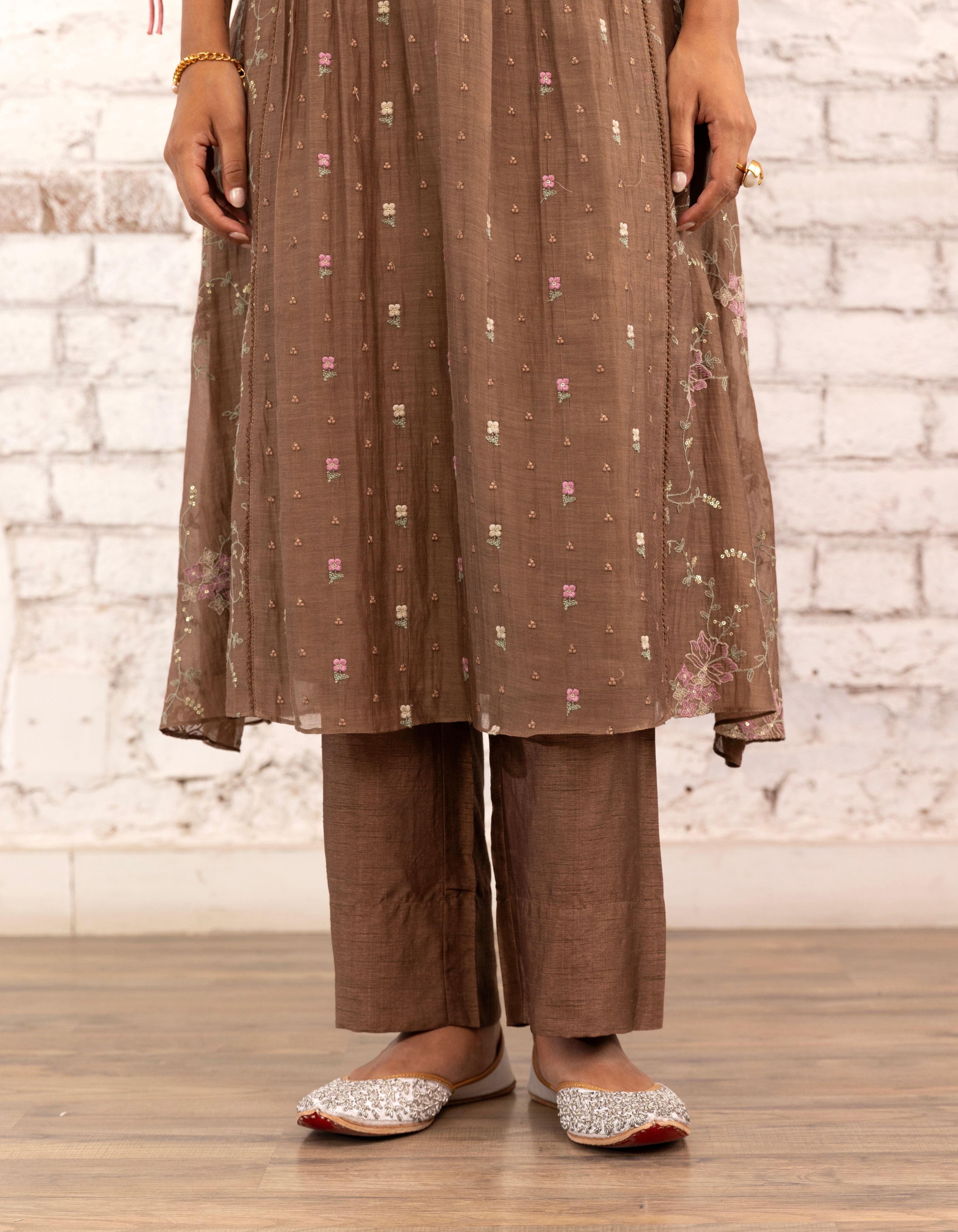 Brown Threadwork Short Yoke Noor Kurta Set