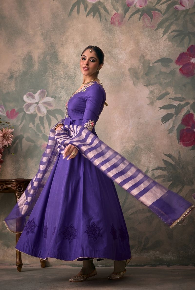 Purple Overlap Embroidered Yoke Jalsa Anarkali Set