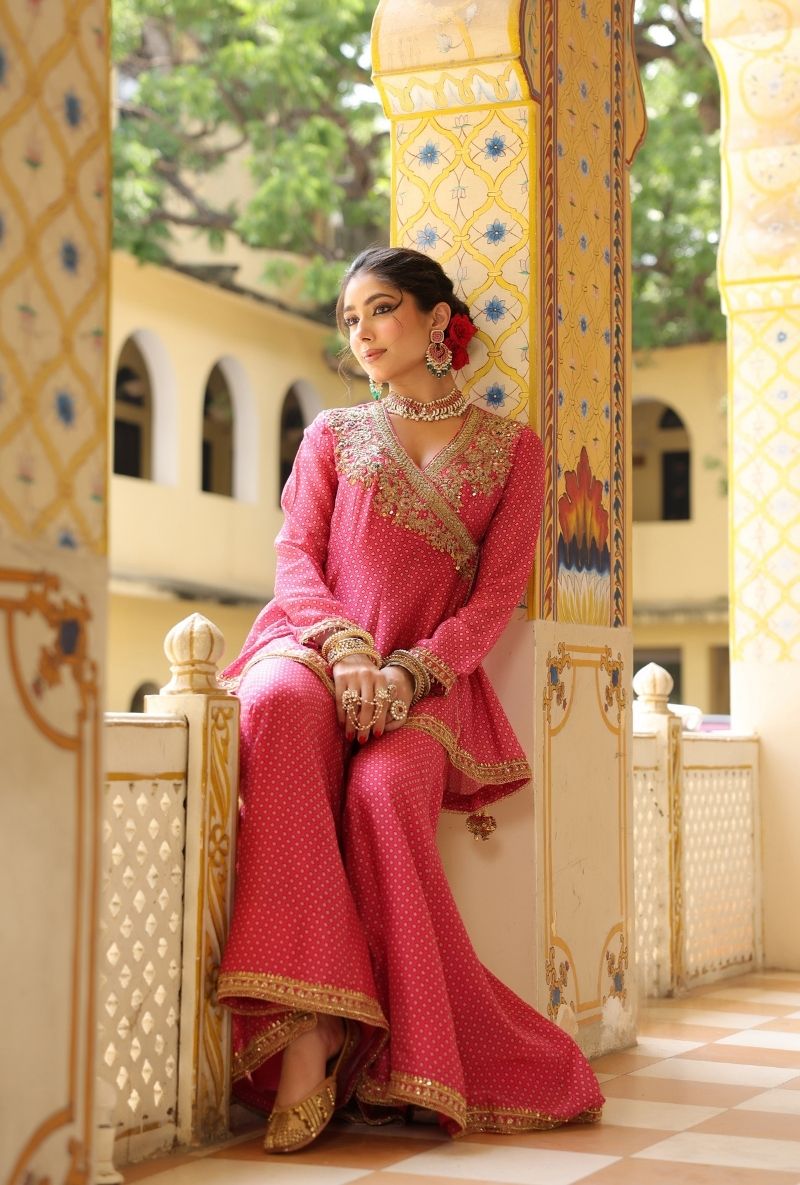 Pink Printed Angrakha Mehfil Sharara Set
