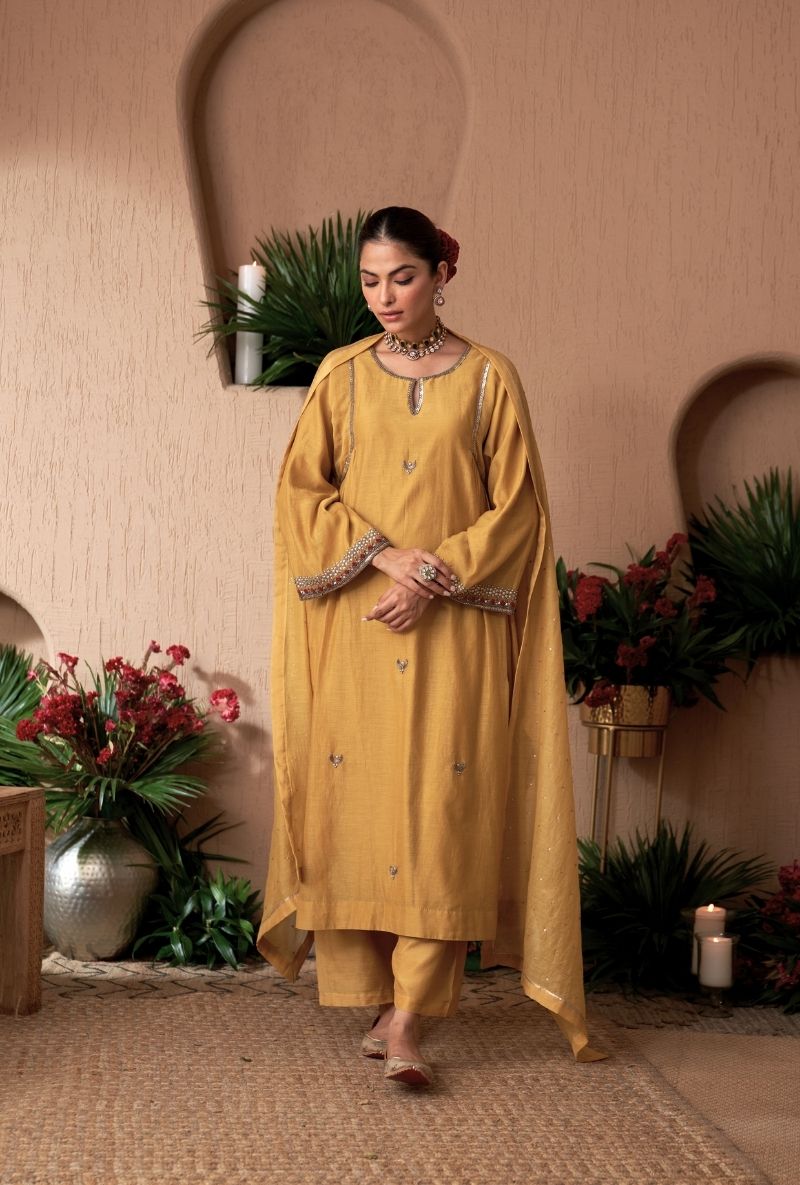 Mustard Square Sleeve Naveli Kurta Set
