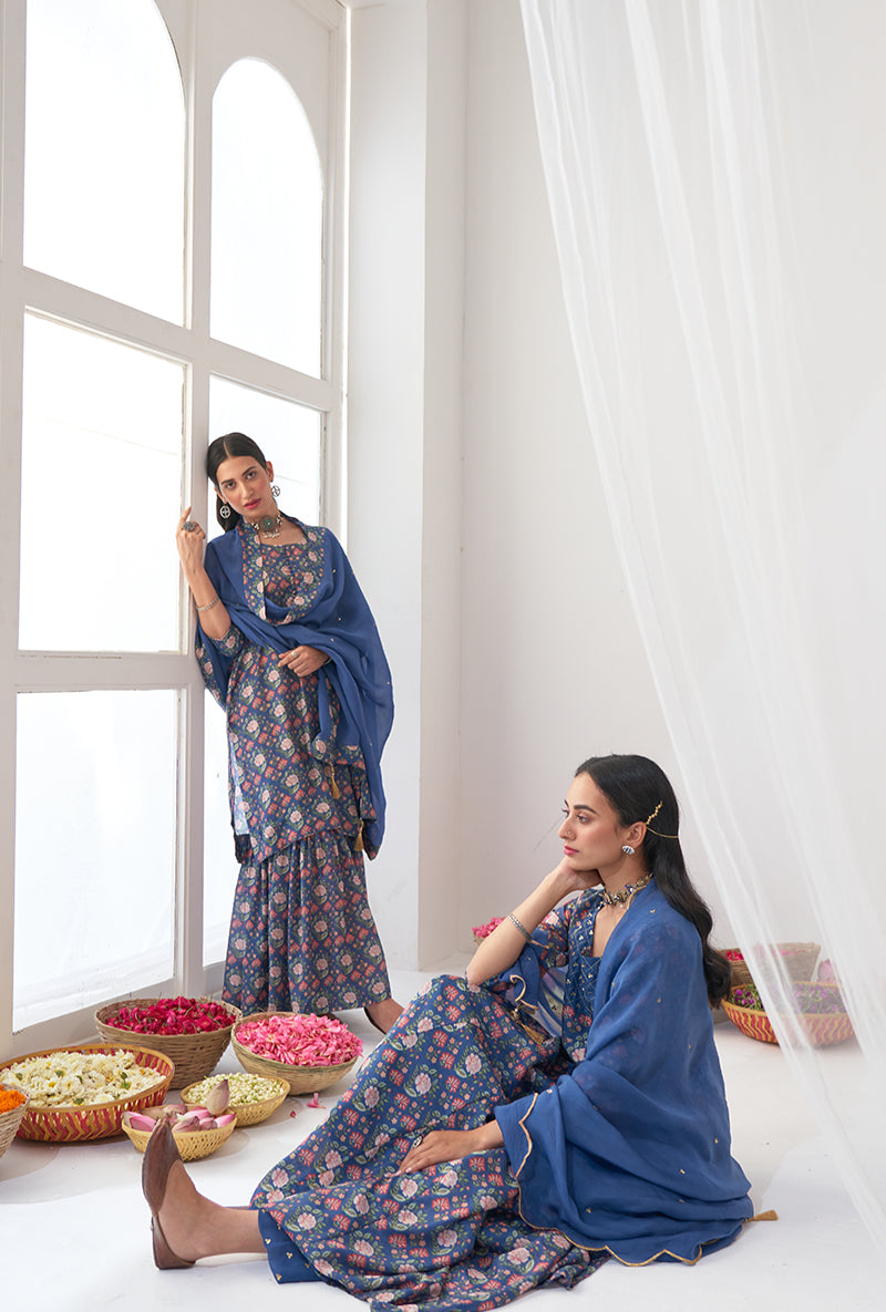 Blue Printed Short Kurta Iris Gharara Set