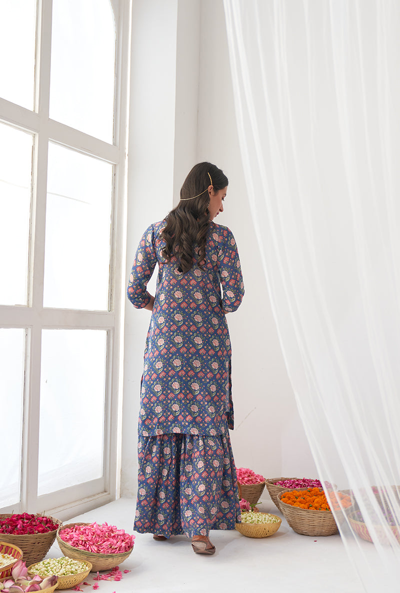 Blue Printed Short Kurta Iris Gharara Set