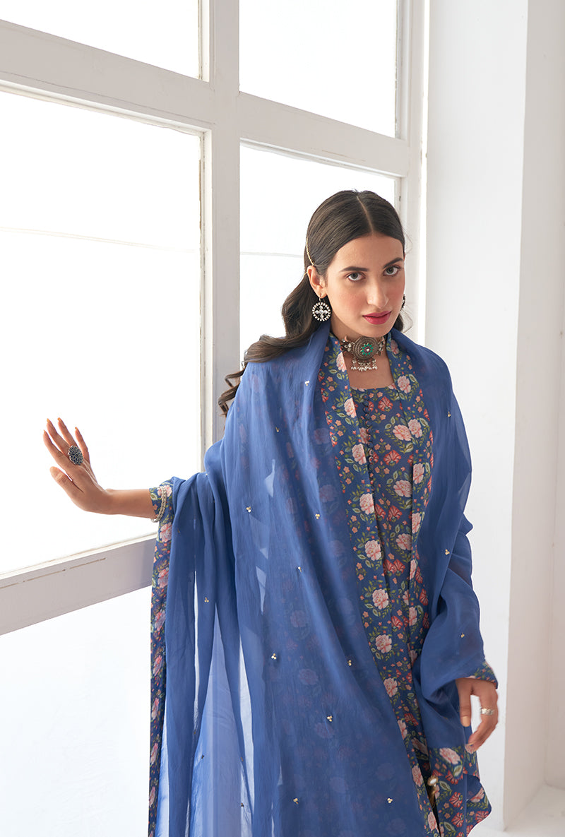 Blue Printed Short Kurta Iris Gharara Set
