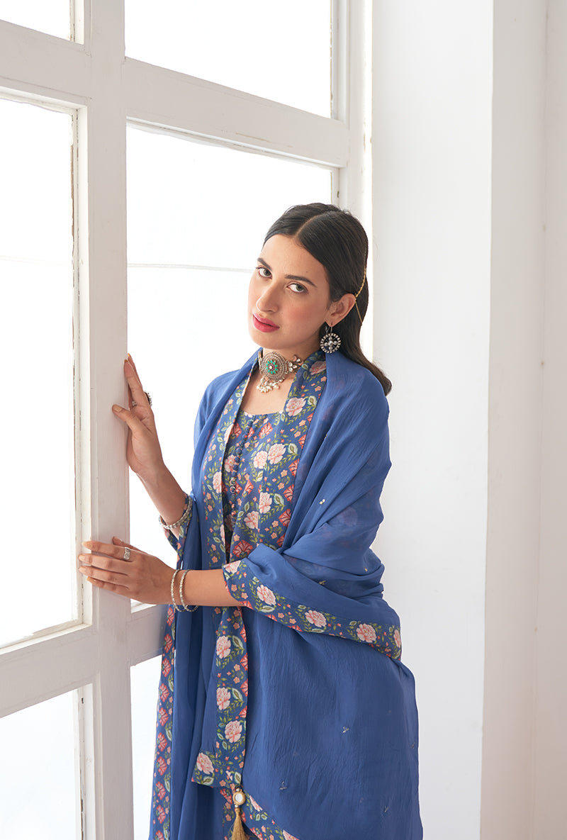 Blue Printed Short Kurta Iris Gharara Set