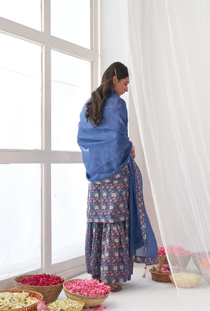 Blue Printed Short Kurta Iris Gharara Set