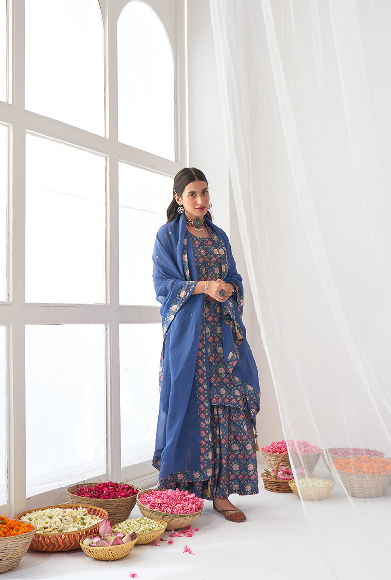 Blue Printed Short Kurta Iris Gharara Set