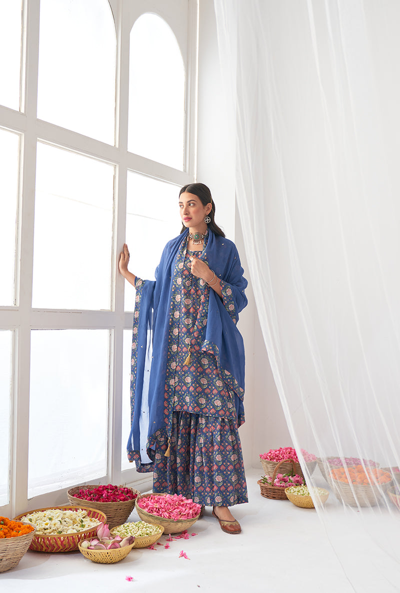 Blue Printed Short Kurta Iris Gharara Set