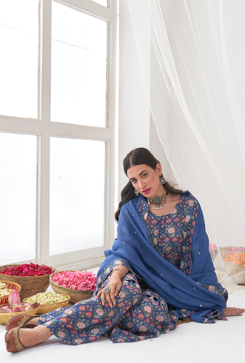 Blue Printed Short Kurta Iris Gharara Set