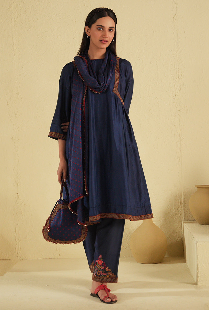 Blue Peacock Side Gathered Noorie Kurta Set