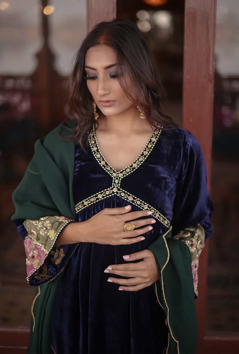 Blue Silk Velvet Jannat Anarkali Set