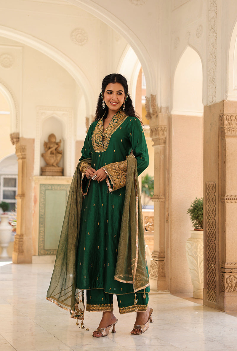 Emerald Green Stand Collar Raag Kurta Set