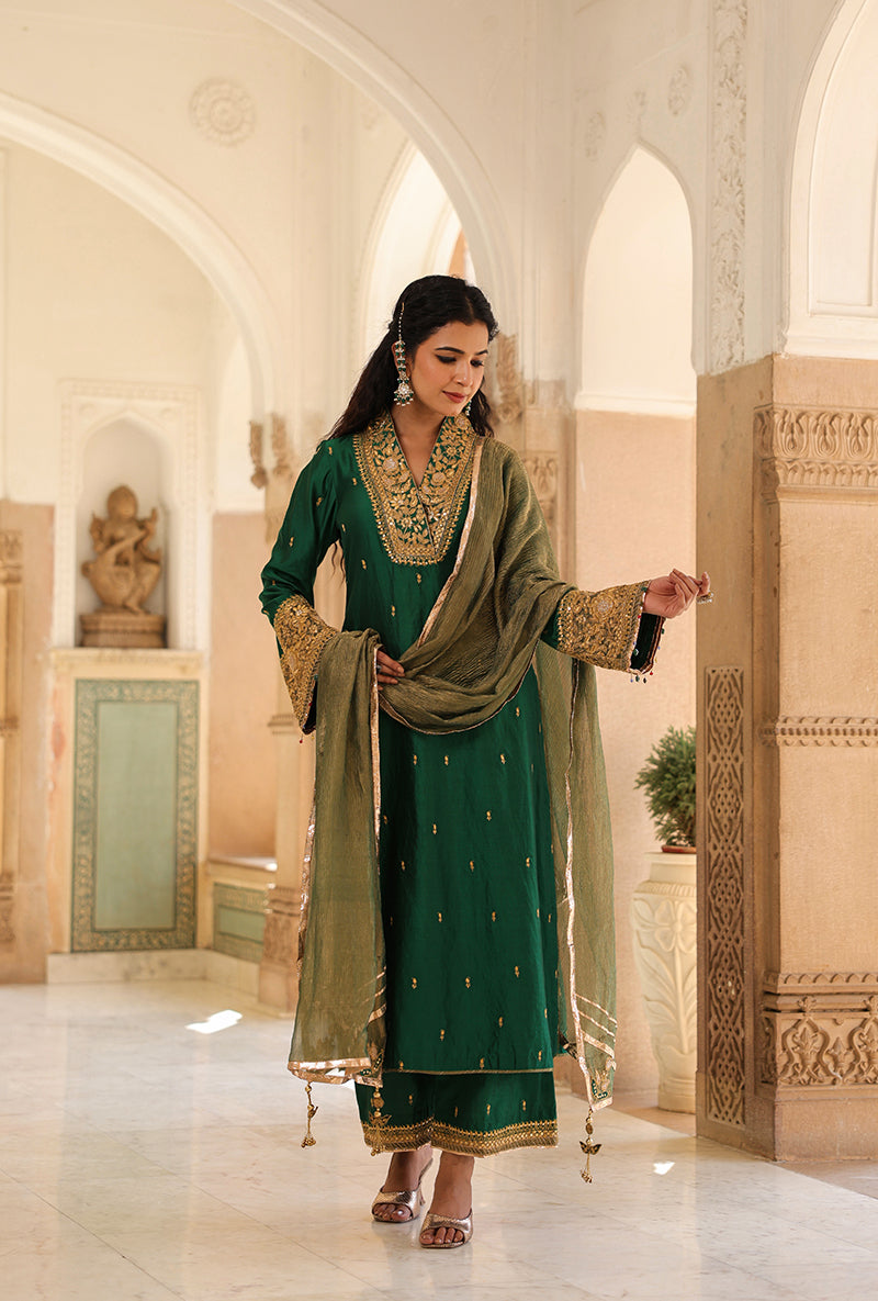 Emerald Green Stand Collar Raag Kurta Set