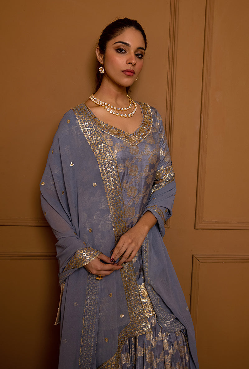 English Blue Multi Banarsi Hoor 2.0 Gharara Set