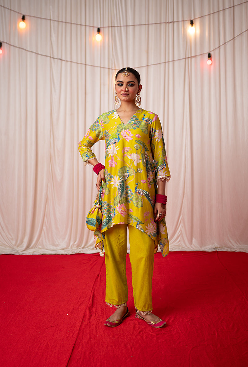 Lime Green Printed Kamli 2.O Short Kurta Set