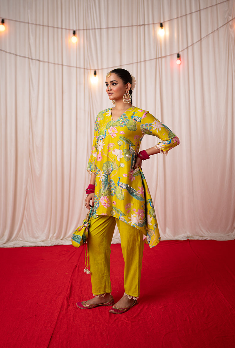 Lime Green Printed Kamli 2.O Short Kurta Set