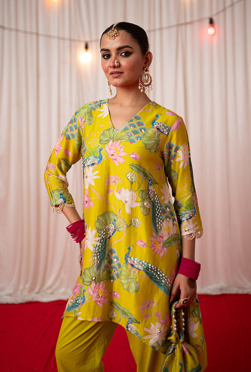 Lime Green Printed Kamli 2.O Short Kurta Set