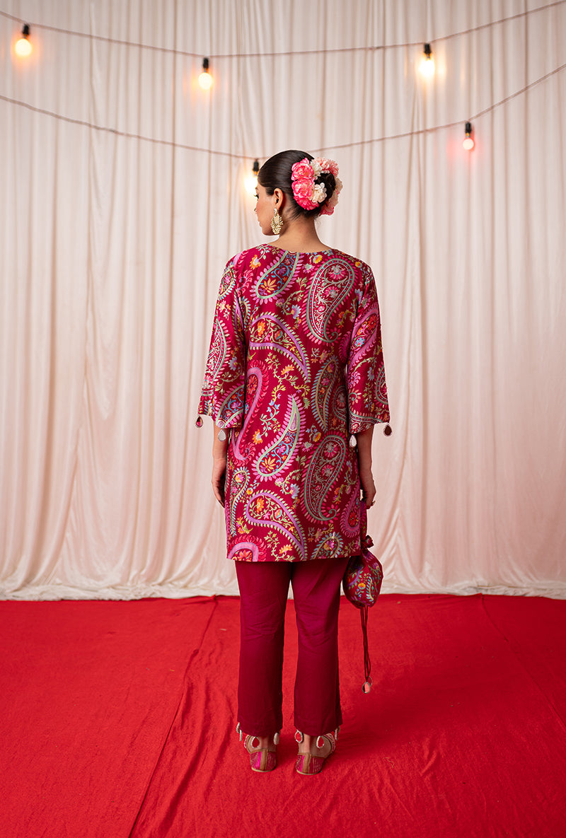 Maroon Printed Kikli Short Kurta Set
