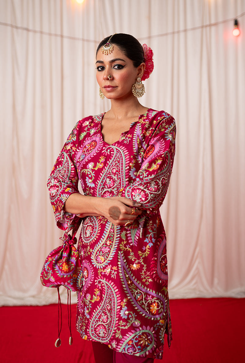 Maroon Printed Kikli Short Kurta Set