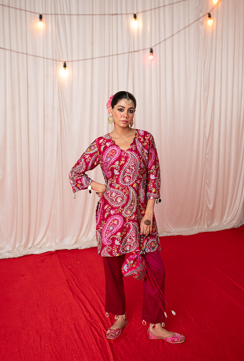 Maroon Printed Kikli Short Kurta Set
