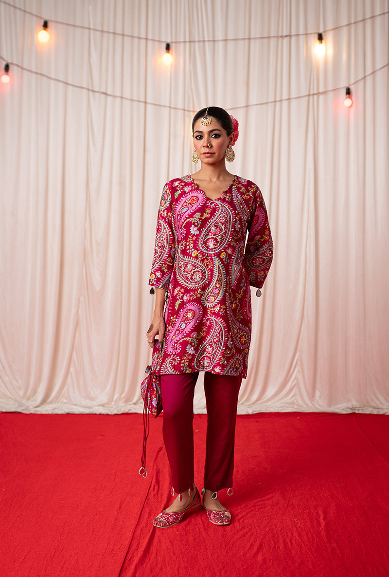 Maroon Printed Kikli Short Kurta Set
