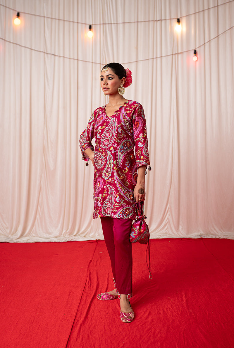 Maroon Printed Kikli Short Kurta Set