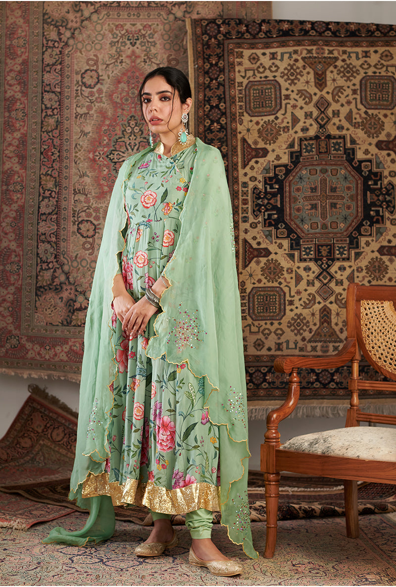 Mint Green Floral Print Aalam Anarkali Set