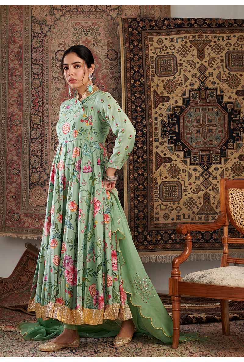 Mint Green Floral Print Aalam Anarkali Set