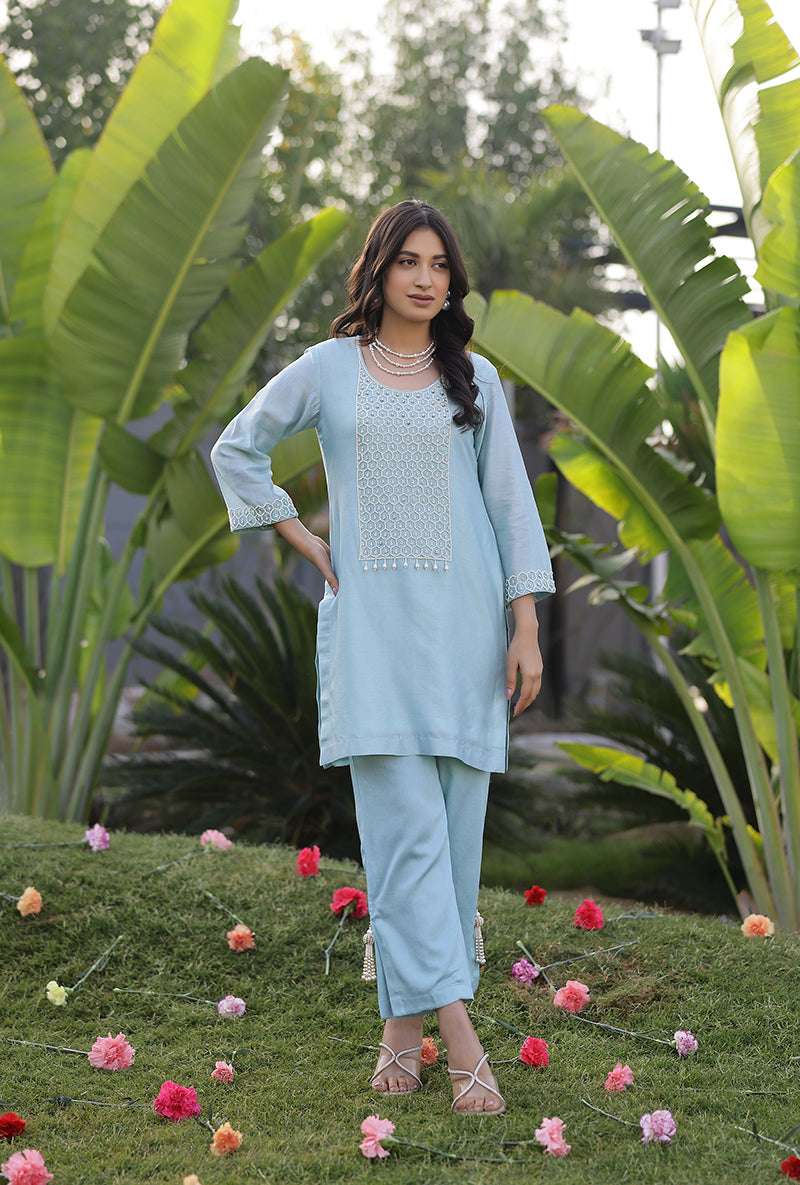 Mint Pearl Yoke Embroidered Magnolia Short Kurta Set