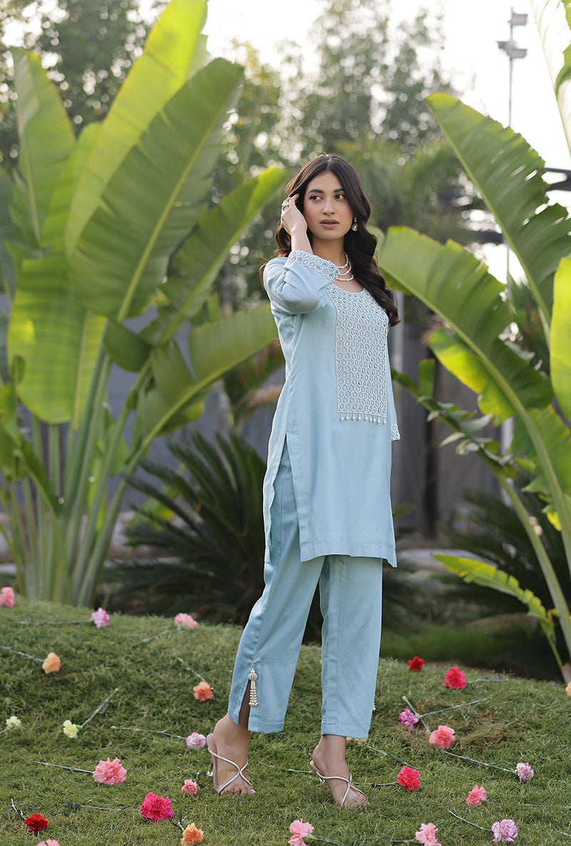 Mint Pearl Yoke Embroidered Magnolia Short Kurta Set