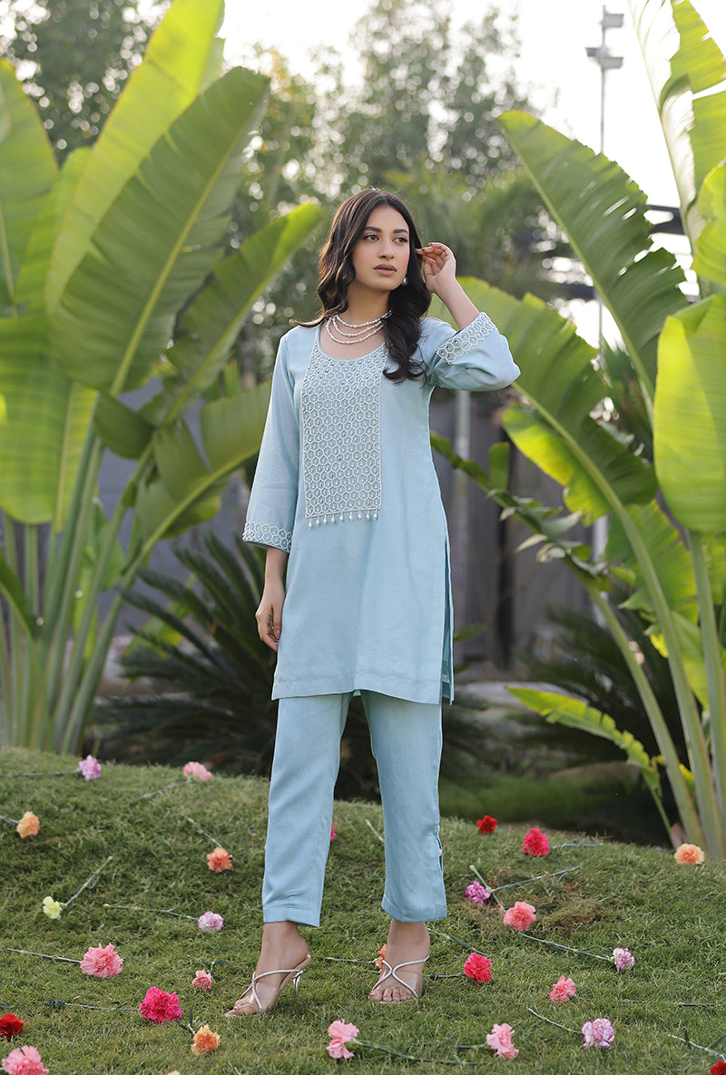 Mint Pearl Yoke Embroidered Magnolia Short Kurta Set