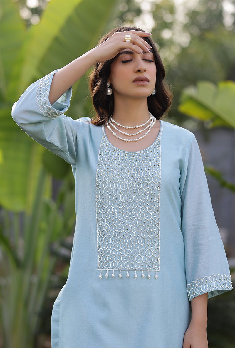 Mint Pearl Yoke Embroidered Magnolia Short Kurta Set