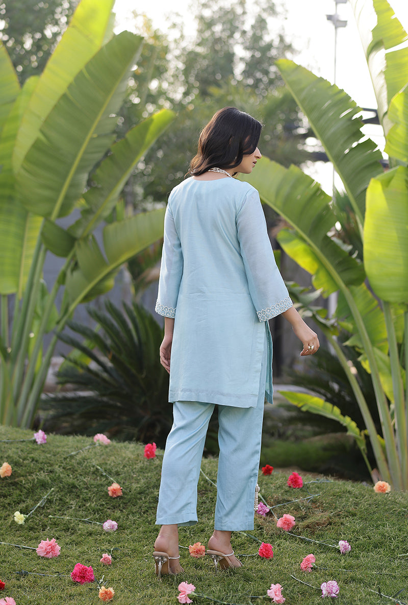 Mint Pearl Yoke Embroidered Magnolia Short Kurta Set