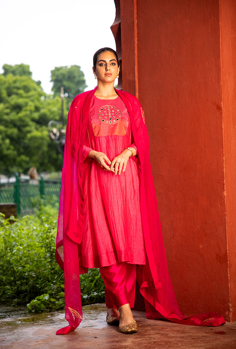Neon Pink Mirror Work Dor Kurta Set