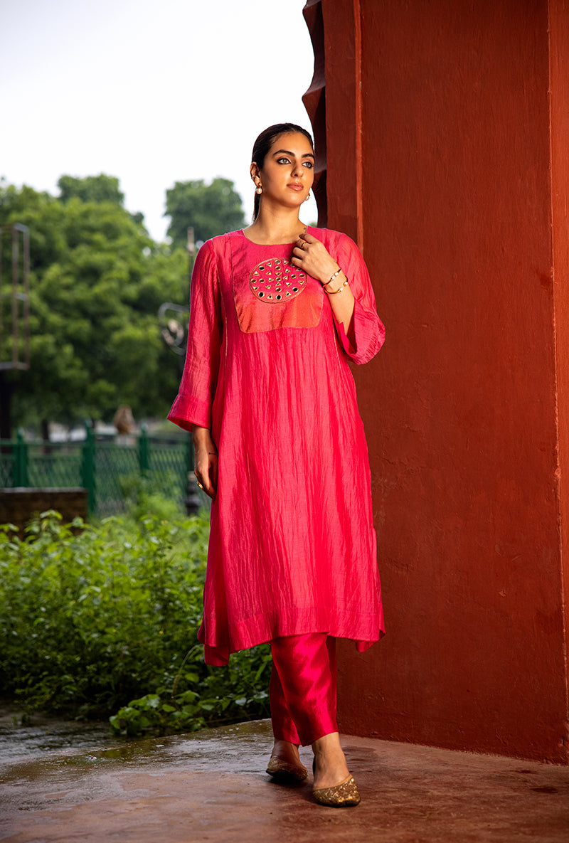 Neon Pink Mirror Work Dor Kurta Set