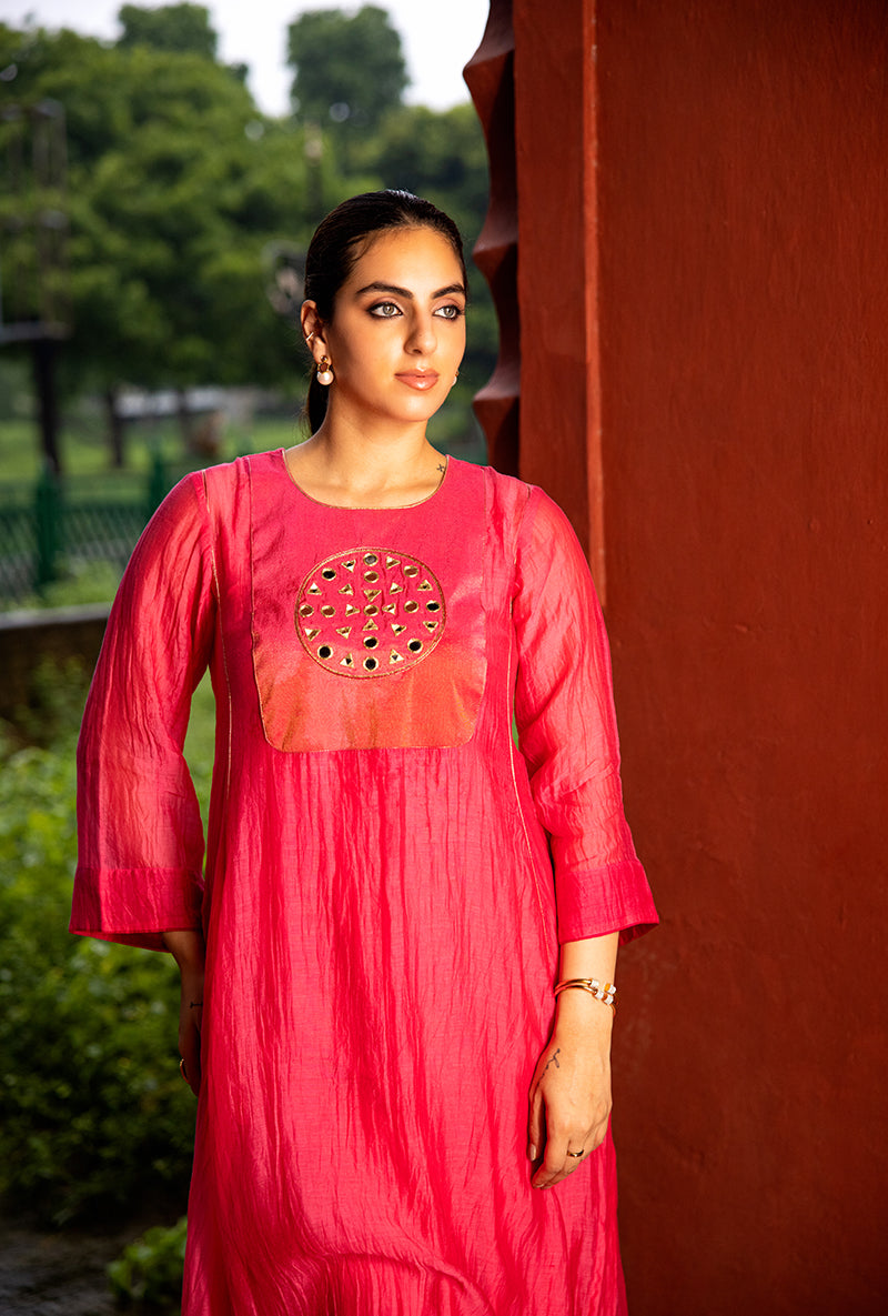 Neon Pink Mirror Work Dor Kurta Set