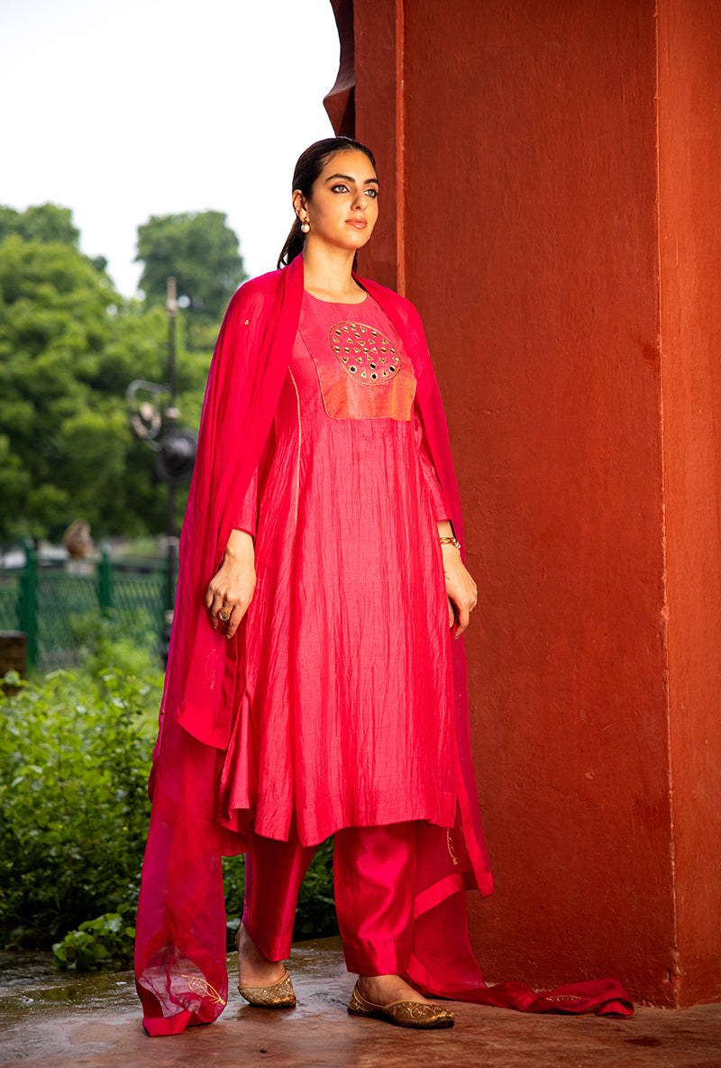 Neon Pink Mirror Work Dor Kurta Set