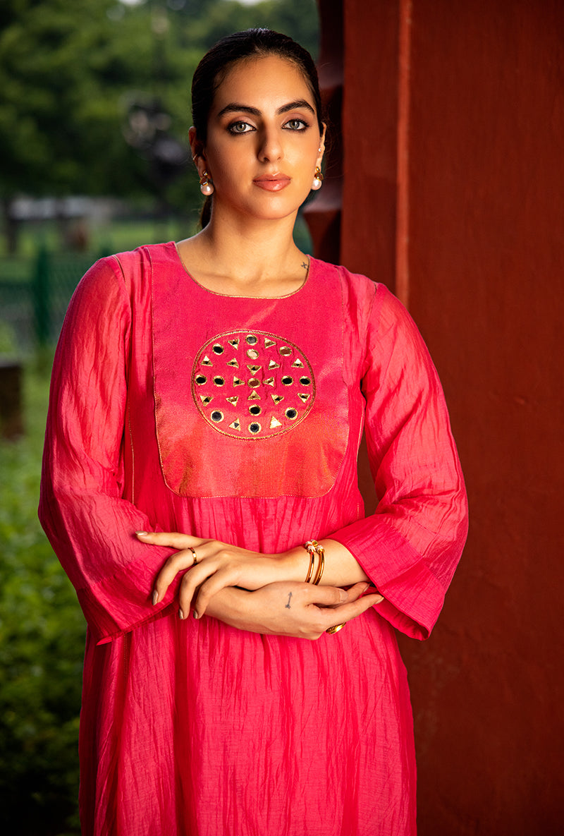 Neon Pink Mirror Work Dor Kurta Set