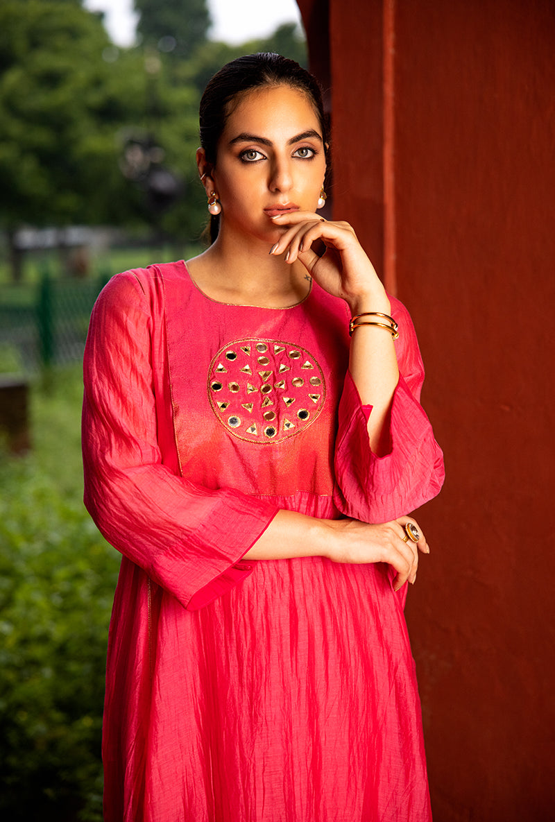 Neon Pink Mirror Work Dor Kurta Set