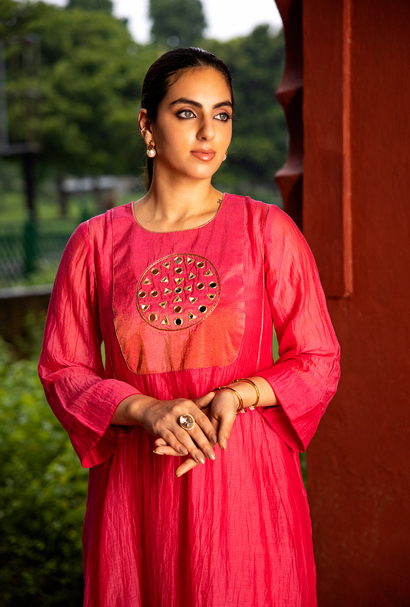 Neon Pink Mirror Work Dor Kurta Set
