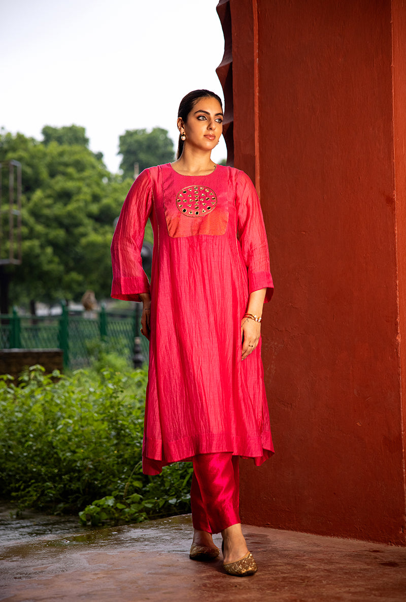Neon Pink Mirror Work Dor Kurta Set