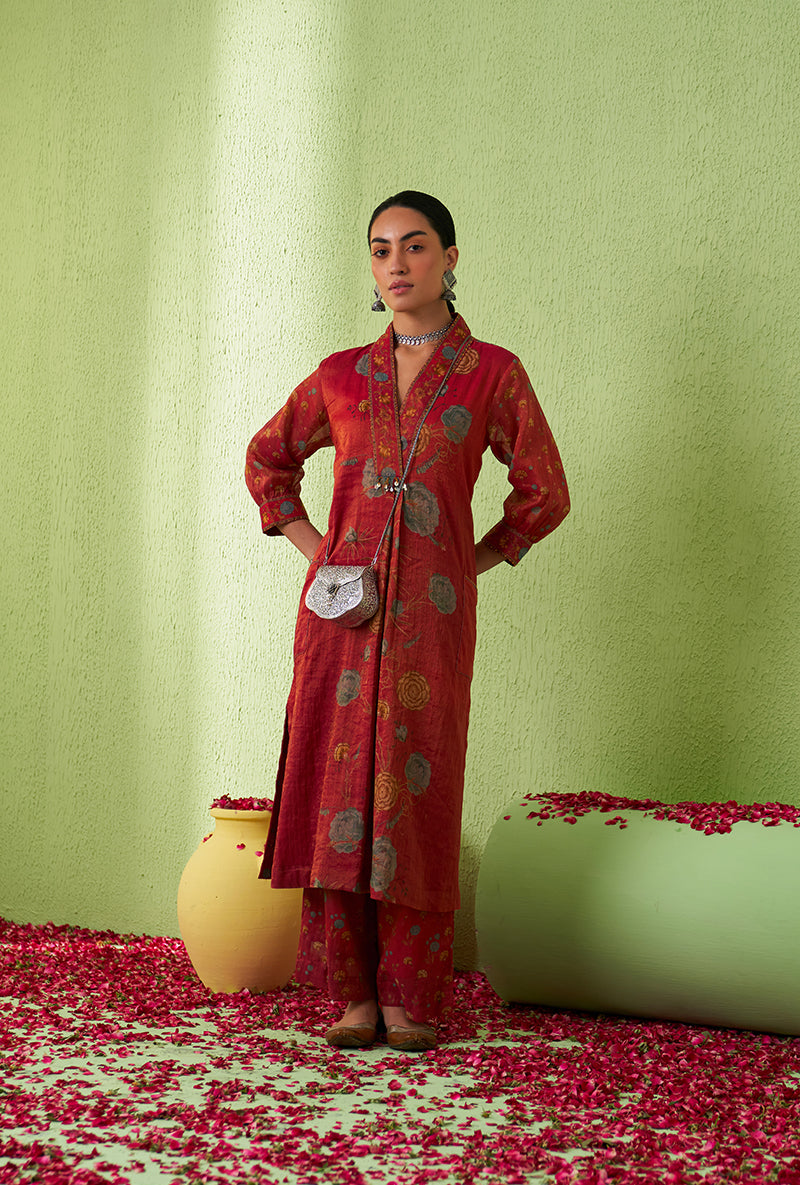 Rani Pink High Collar Floral Print Kurta Set