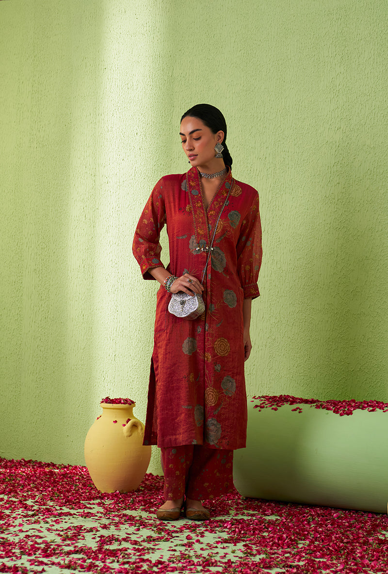 Rani Pink High Collar Floral Print Kurta Set