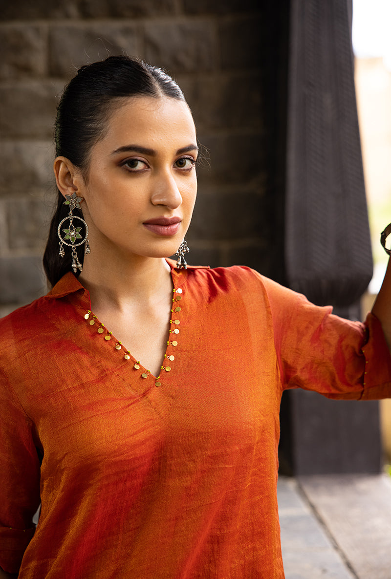Rust Asymmetrical Palm Tree Motif Surmayi Tunic Set