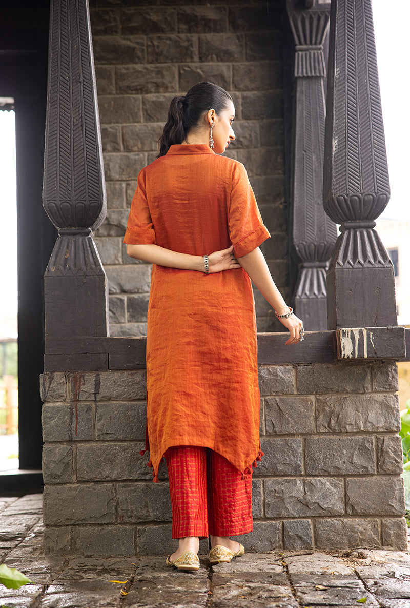 Rust Asymmetrical Palm Tree Motif Surmayi Tunic Set