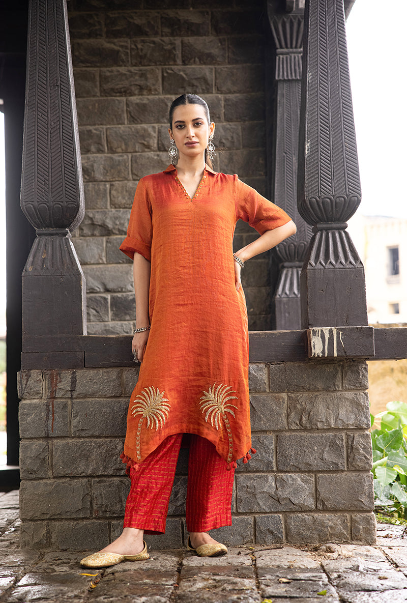 Rust Asymmetrical Palm Tree Motif Surmayi Tunic Set