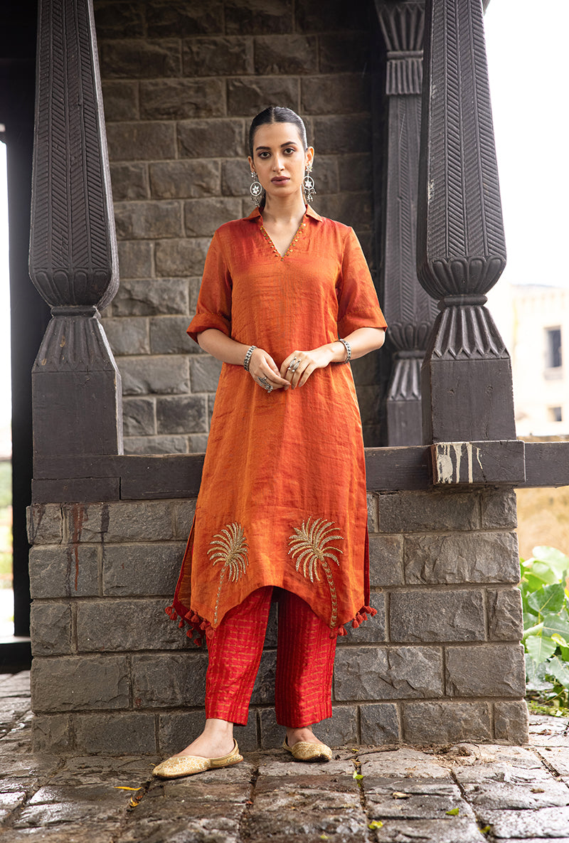 Rust Asymmetrical Palm Tree Motif Surmayi Tunic Set