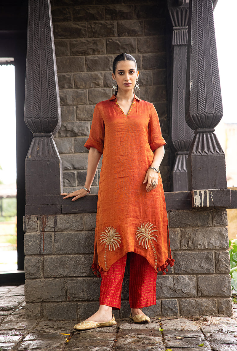 Rust Asymmetrical Palm Tree Motif Surmayi Tunic Set