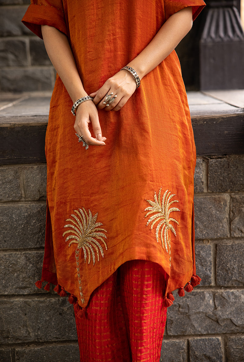 Rust Asymmetrical Palm Tree Motif Surmayi Tunic Set