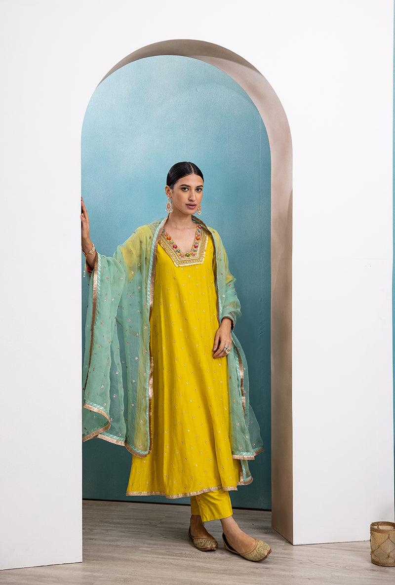 Yellow Floral Resham V Neck Raha Kurta Set